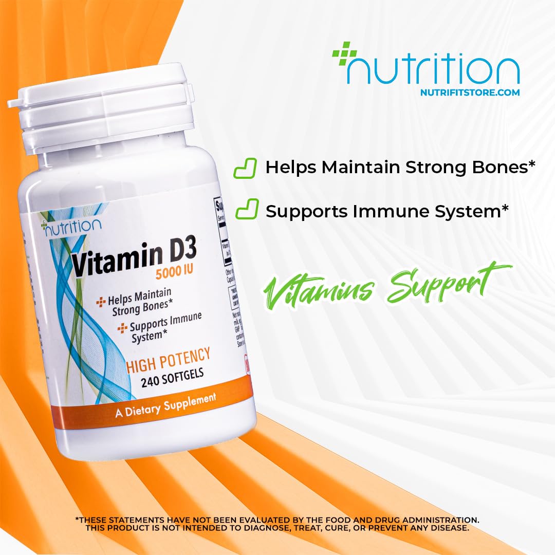 Nutri Plus Fit, Vitamin D3 5000 IU High Potency Structural Support Softgels, 240 Count