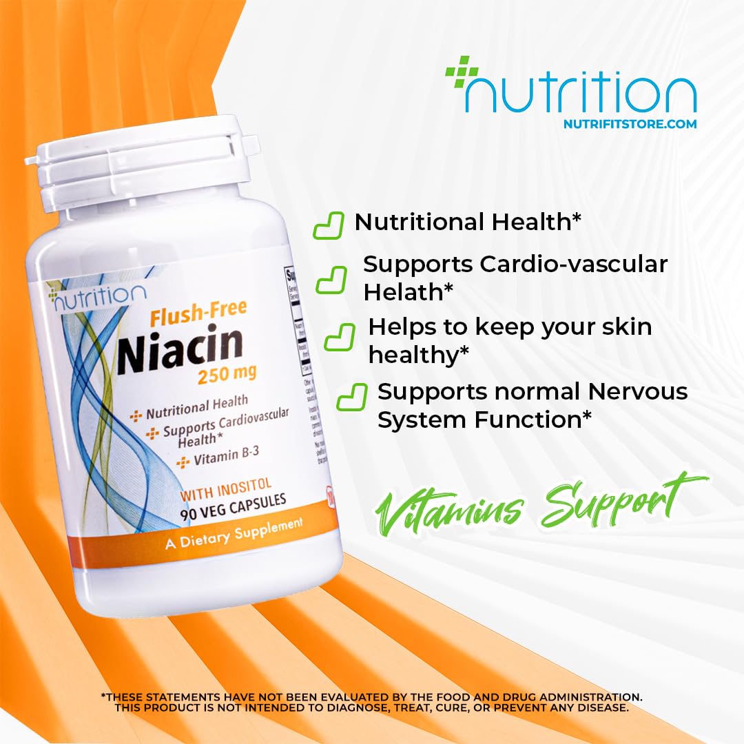 Nutri Plus Fit, Niacin (Vitamin B-3) 250 mg, Flush-Free, Nutritional Health, 90 Veg Capsules