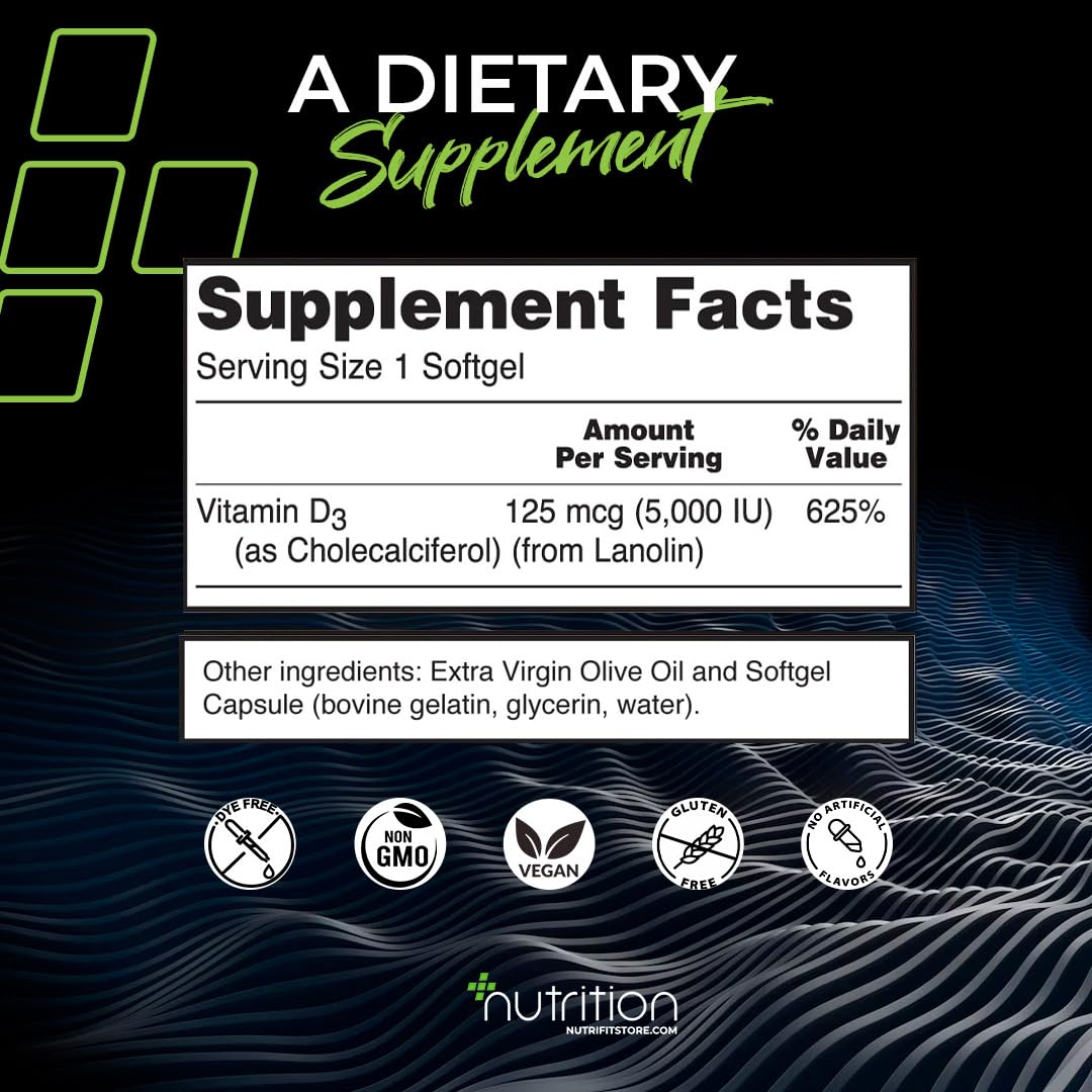 Nutri Plus Fit, Vitamin D3 5000 IU High Potency Structural Support Softgels, 240 Count