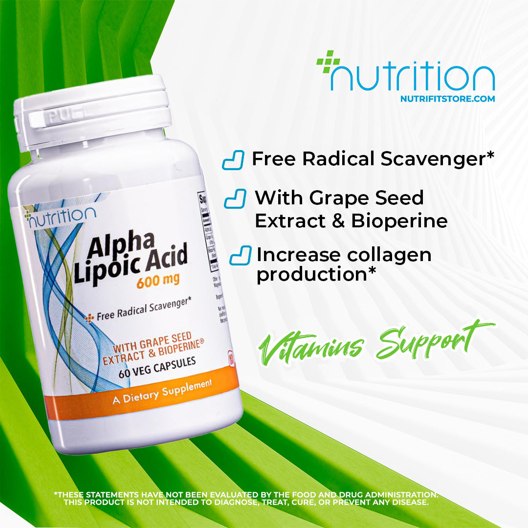 Nutri Plus Fit Alpha Lipoic Acid 600 mg with Grape Seed Extract & Bioperine®, Extra Strength, 60 Veg Capsules