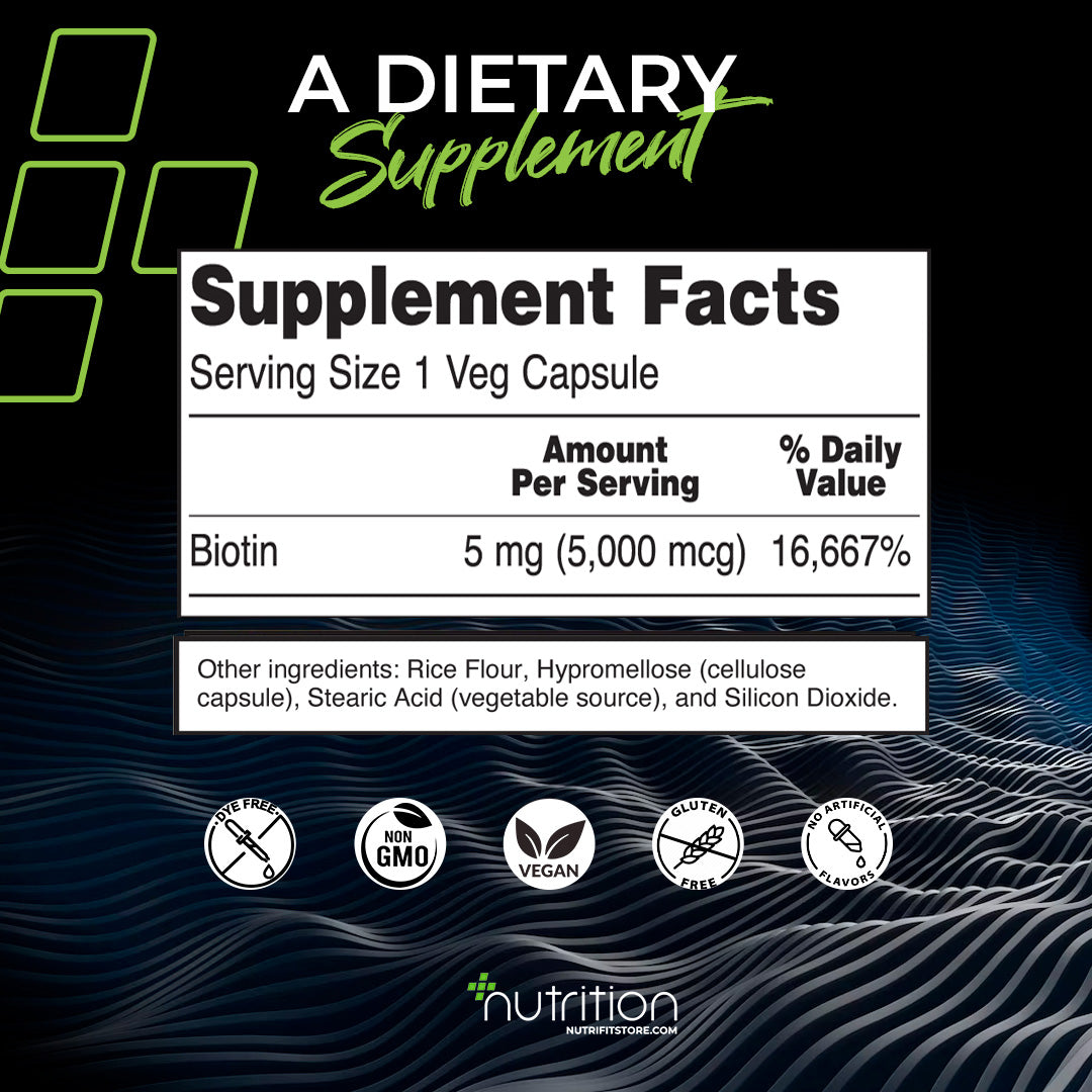 Nutri Plus Fit Supplements, Biotin 5 mg (5,000 mcg), Extra Strength, Energy Production*, 120 Veg Capsules