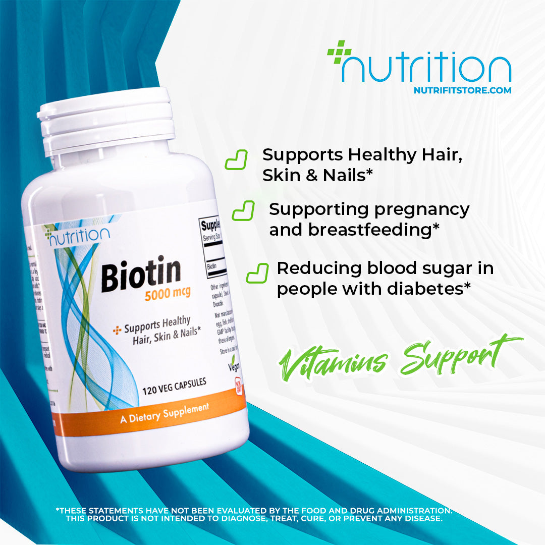 Nutri Plus Fit Supplements, Biotin 5 mg (5,000 mcg), Extra Strength, Energy Production*, 120 Veg Capsules