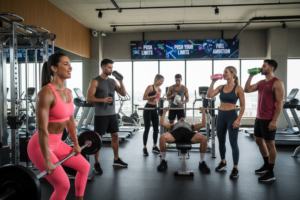 chicos y chicas entrenando en un ginmasio mientras toman sumplementos