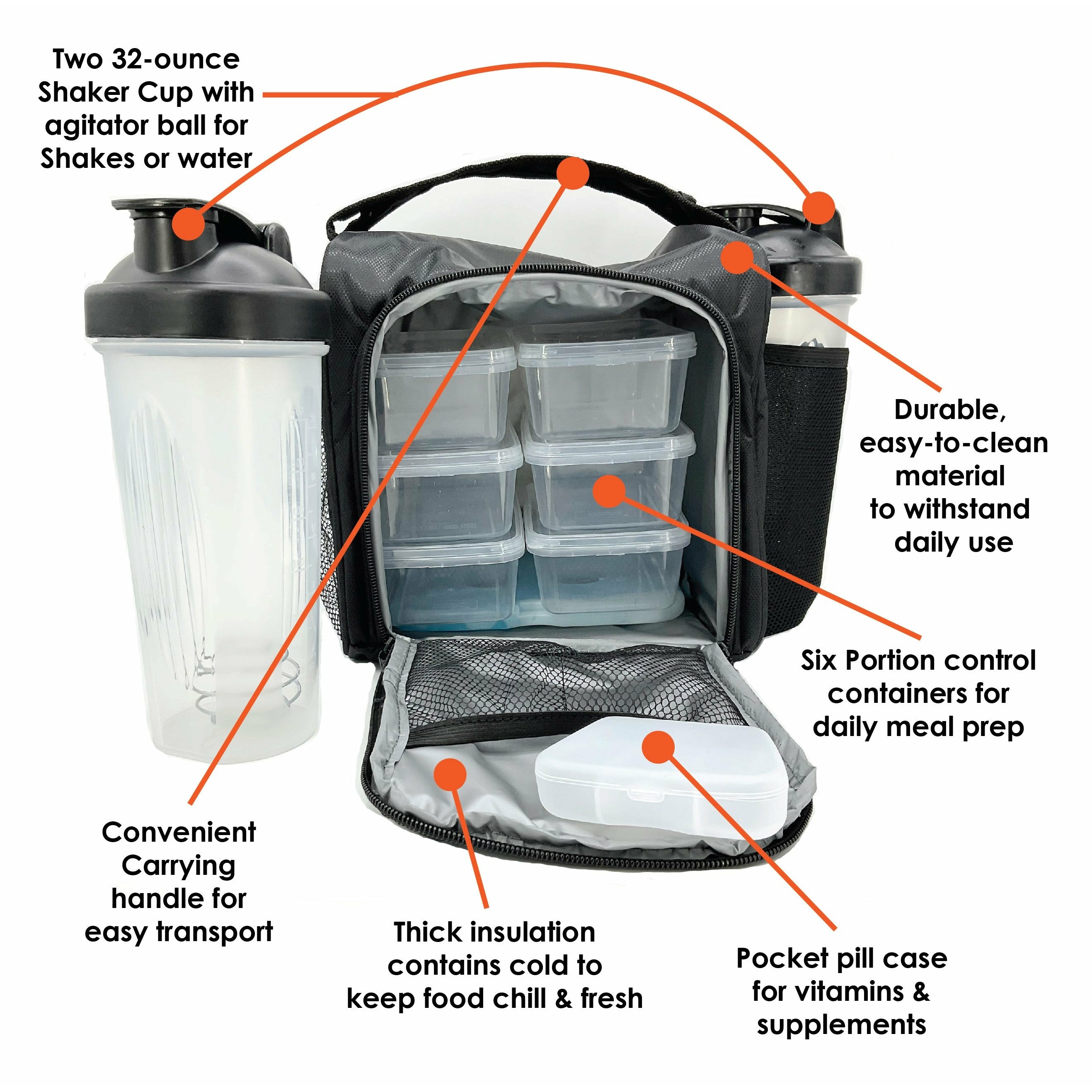 NUTRIFIT Meal Prep Bag for the Active Live Style with 6 food Containers, Shakers, and Vitamin Carrier